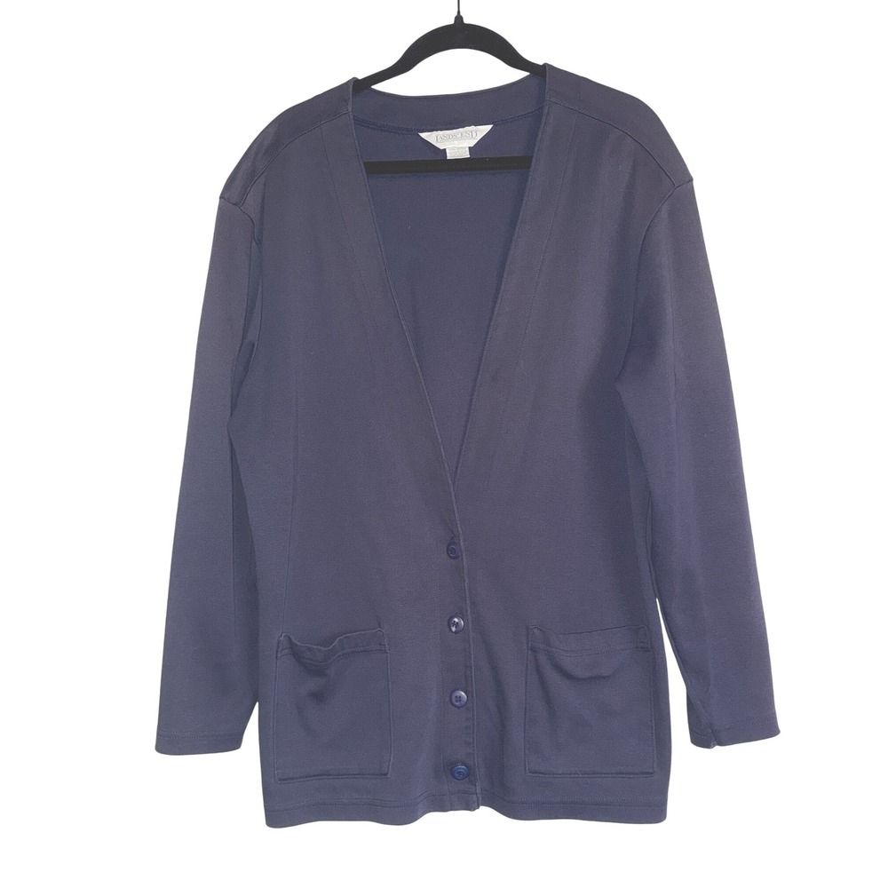 Lands' End Women's‎ Cardigan Sweater Size L Button Front 100% Cotton Navy